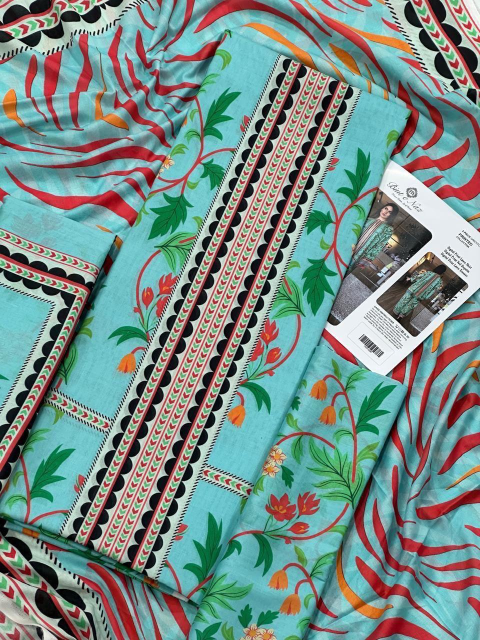 BIN T NAZ CO-ORD SET ALLOVER LAWN THREE PIECE