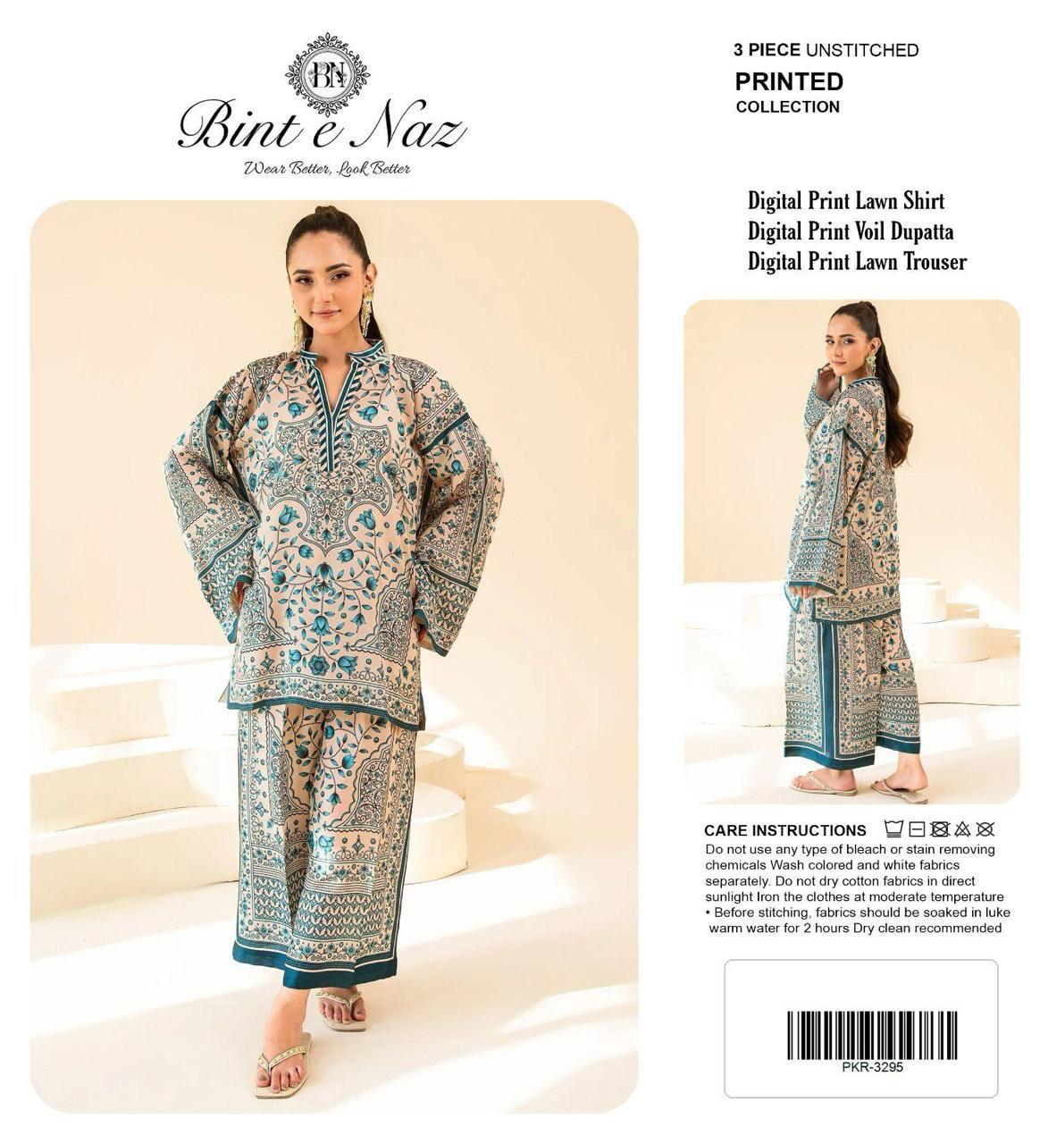 BIN T NAZ CO-ORD SET ALLOVER LAWN THREE PIECE