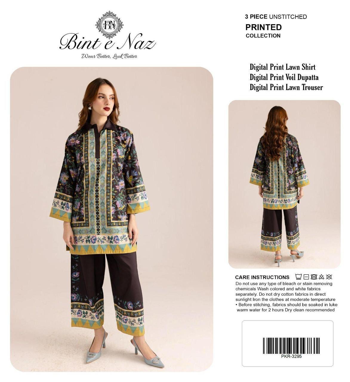 BIN T NAZ CO-ORD SET ALLOVER LAWN THREE PIECE