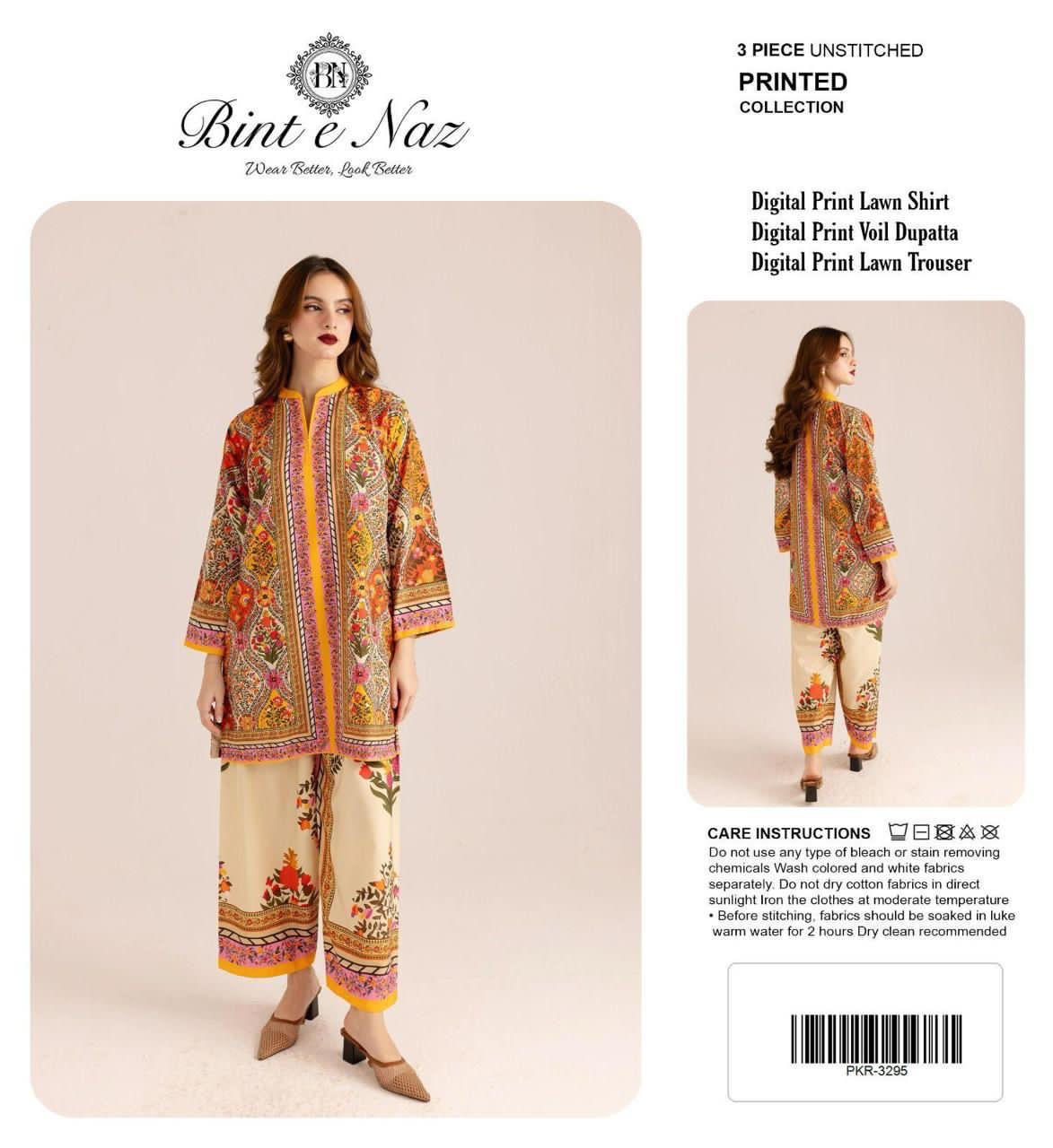BIN T NAZ CO-ORD SET ALLOVER LAWN THREE PIECE