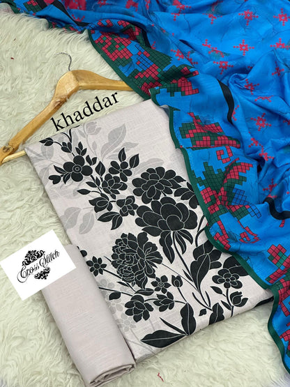 CROSS STICH KHADDAR THREE PIECE