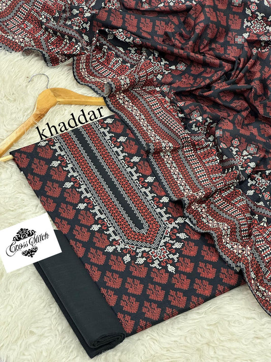 CROSS STICH KHADDAR THREE PIECE