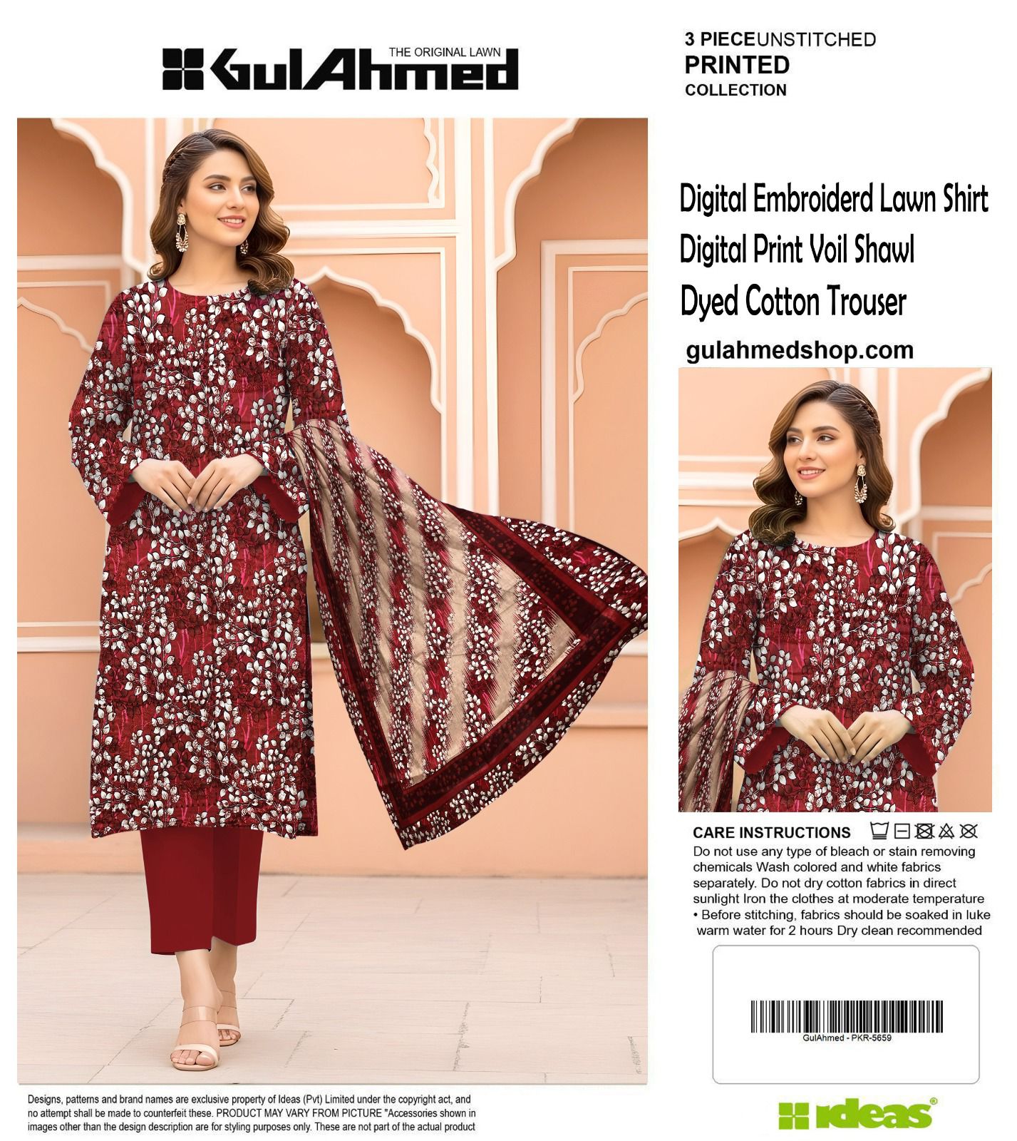 3-PIECE EMBROIDERED GUL AHMAD LAWN THREE PIECE